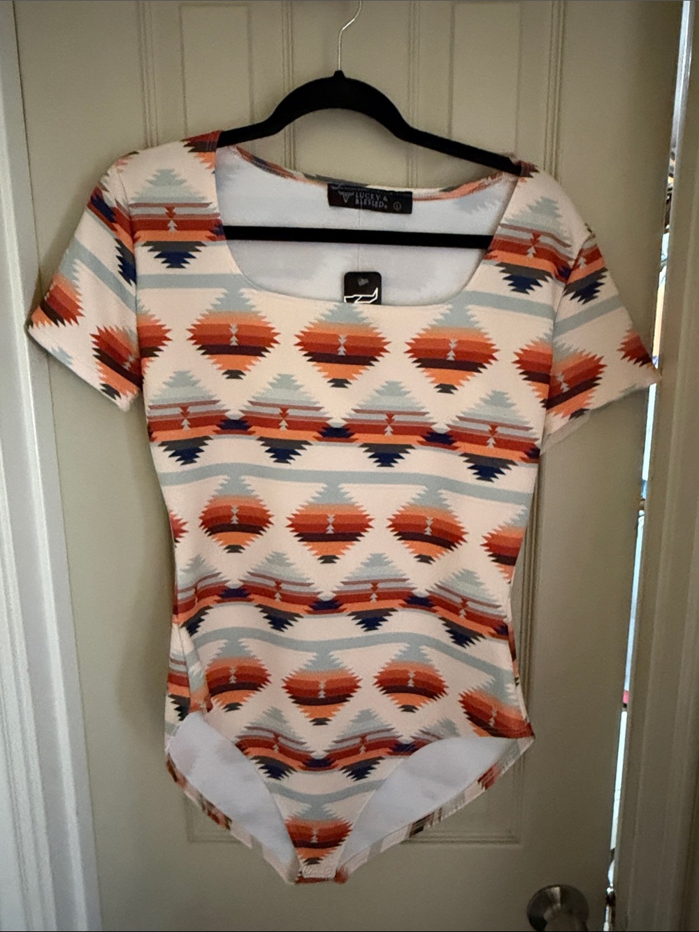 Lucky & Blessed Aztec Scoop Neck Bodysuit in Cream, Rust and Navy